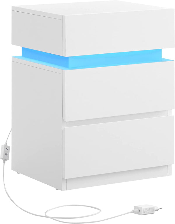 Nachtkastje - Bijzettafel - met LED verlichting - Verstelbare kleuren - Met 3 laden - Wit