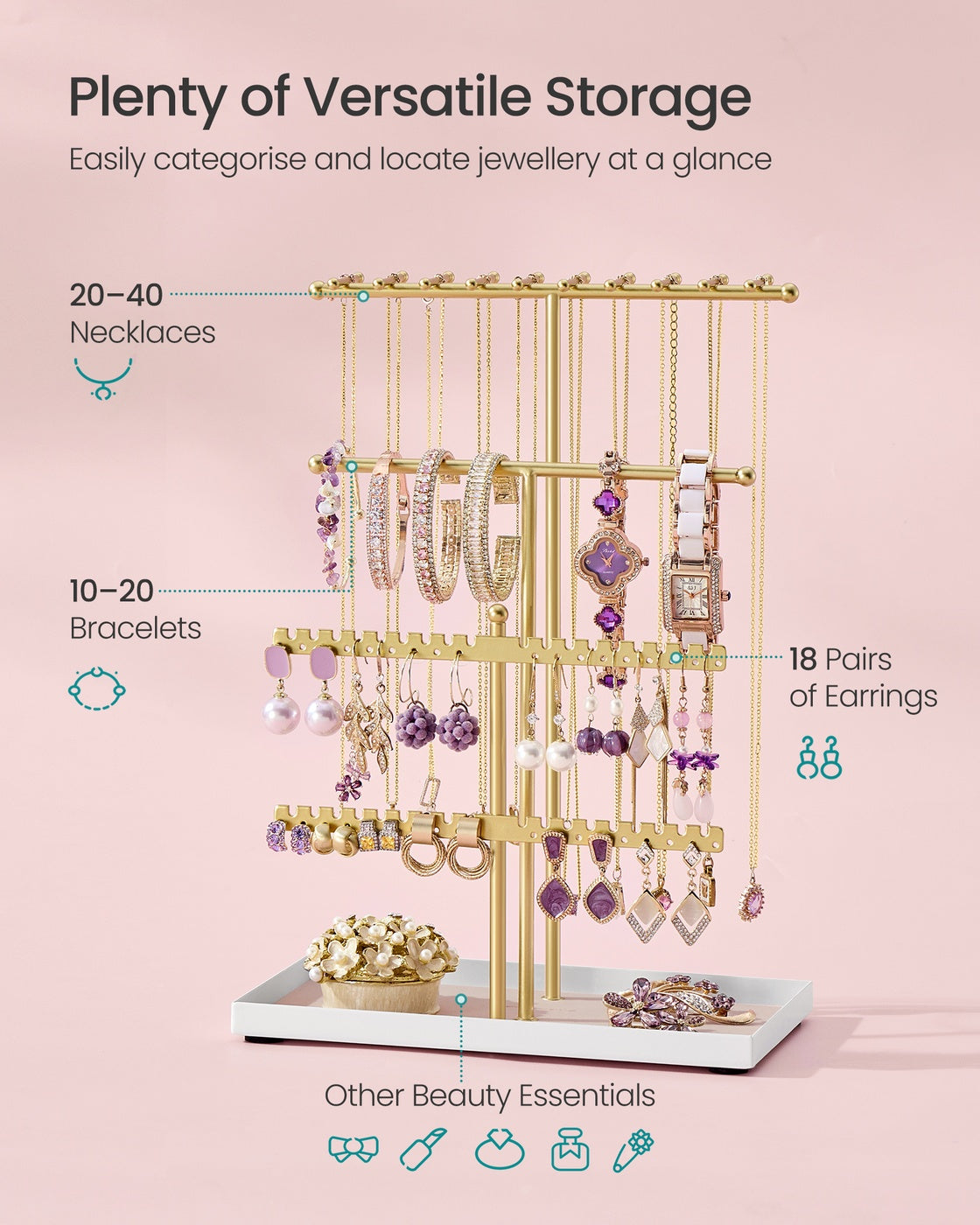 Jewellery Stand – Metal – Pale Gold – Velvet Tray and Organiser for Necklaces, Bracelets, and Earrings