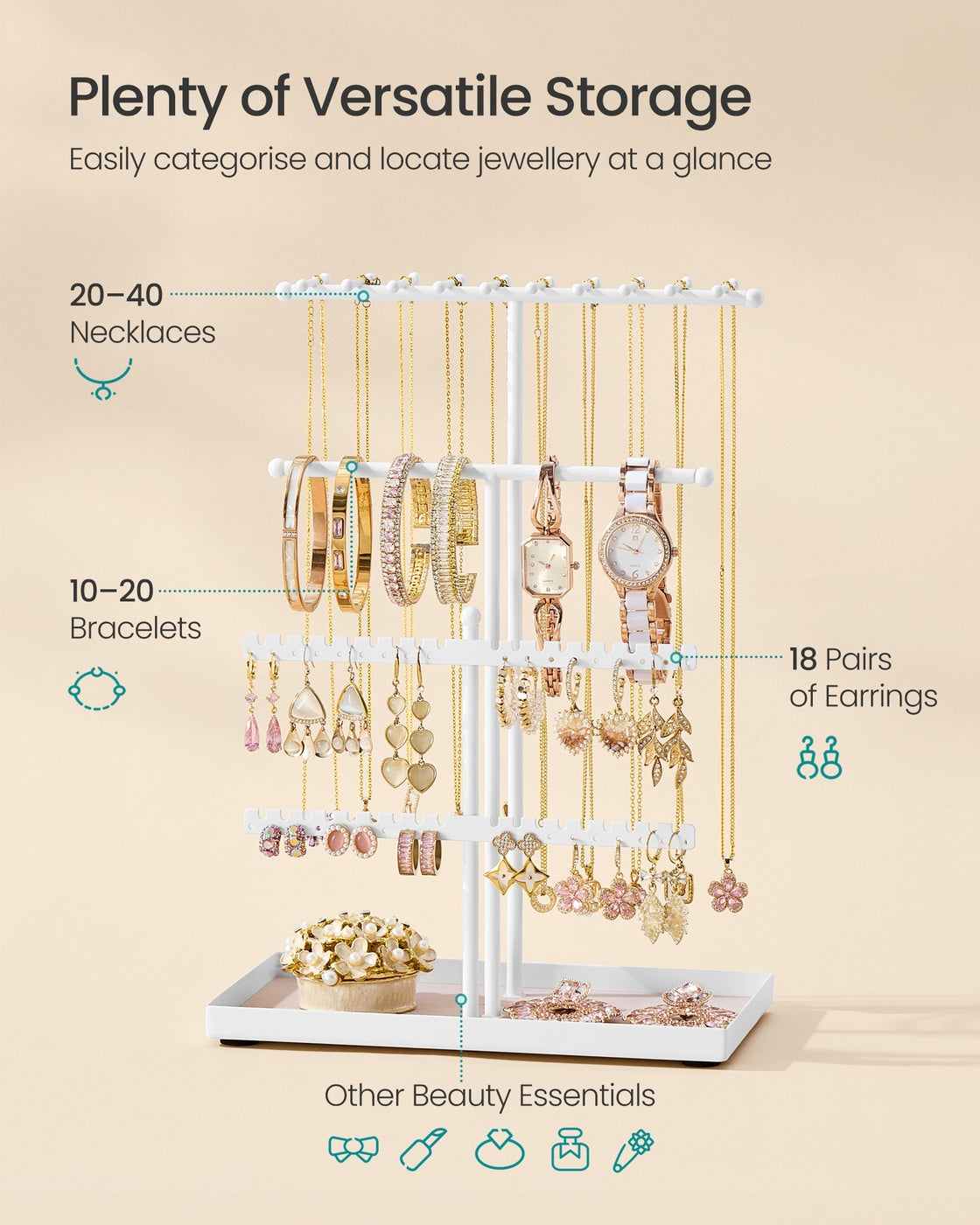 Jewellery Stand – Metal Frame and Velvet Tray – Matte White – Versatile Organiser for Necklaces, Bracelets, Earrings and Rings