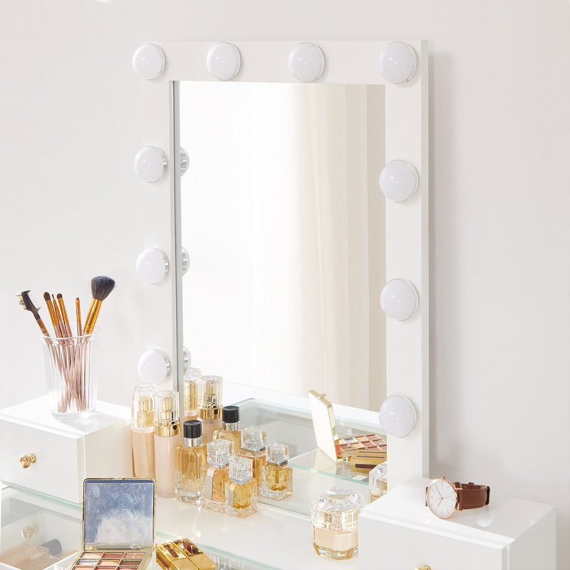 Kaptafel - Make-up tafel - 2 grote lades - Met spiegel en verlichting - Met kruk - Wit