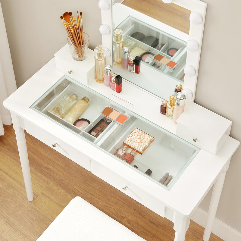 Kaptafel - Make-up tafel - 2 grote lades - Met spiegel en verlichting - Met kruk - Wit