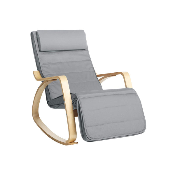 Schommelstoel - Relaxstoel - Met berkenhouten armleuningen -  Verstelbare voetsteun - Grijs