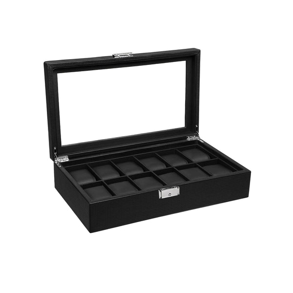 Horlogebox - Met 12 Vakken - Grote Horlogebox - Met Glazen Deksel - Zwart