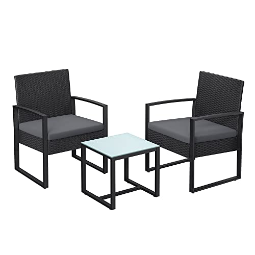 Balkonmeubel - Loungeset - Tuinmeubelset - Set van 3 - 2 stoelen - Glazen tafel - Zwart