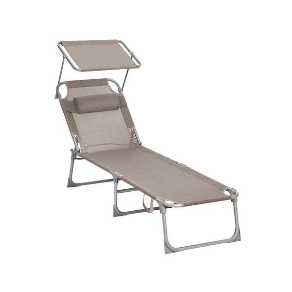 Ligbed - Ligstoel - Tuinligstoel - Lounge bed - Met hoofdsteun - Met zonnescherm - Met verstelbare rugleuning - Taupe