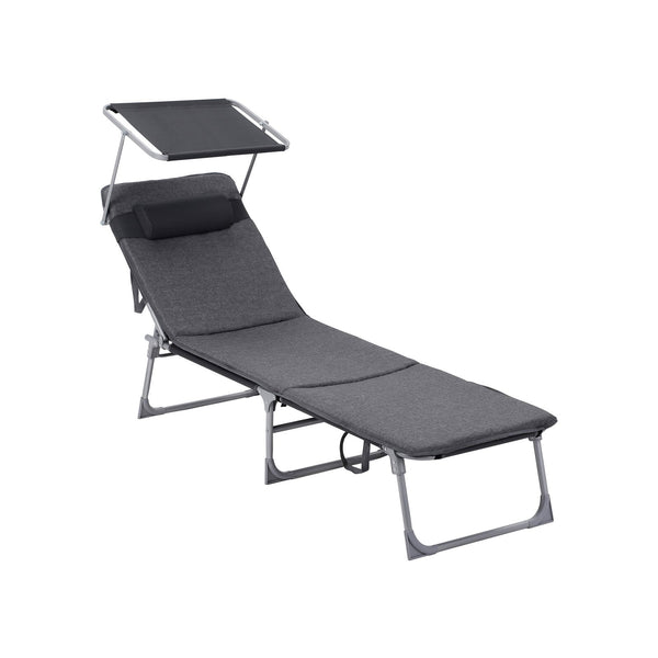 Ligstoel - Loungestoel - Opklapbaar - Met hoofdsteun - Met zonneklep - Donkergrijs