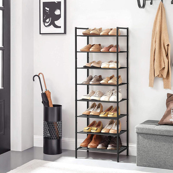 Schoenenrek - Schoenenkast - Met 8 niveaus - Smal - Voor 16-24 paar schoenen - Metalen rek - Zwart