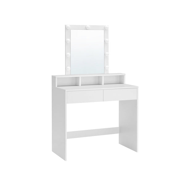 Kaptafel -  Make up tafel - Cosmetische tafel - Met spiegel en gloeilampen - Instelbare helderheid - Met 2 lades - Wit