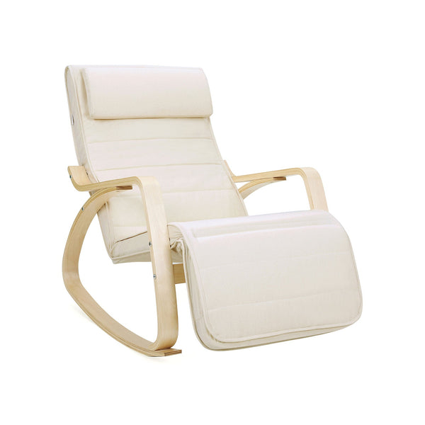Schommelstoel - Relaxstoel - Met armleuningen - Van berkenhout - 5-traps verstelbare voetensteun - Tot 150 kg belastbaar - Beige