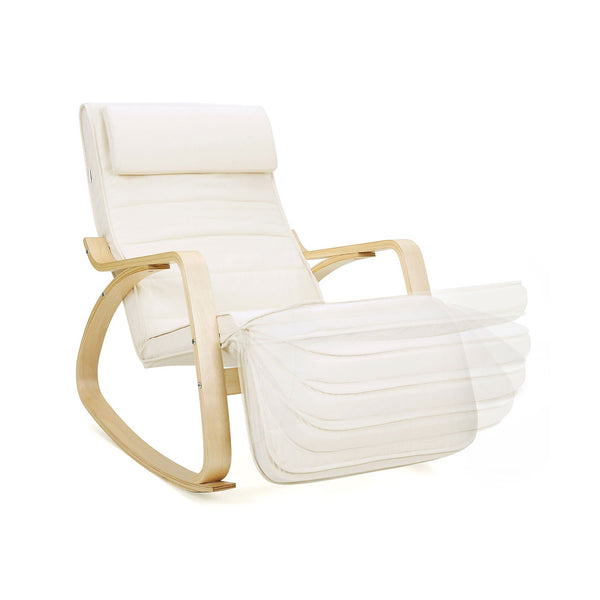 Schommelstoel - Relaxstoel - Met armleuningen - Van berkenhout - 5-traps verstelbare voetensteun - Tot 150 kg belastbaar - Beige