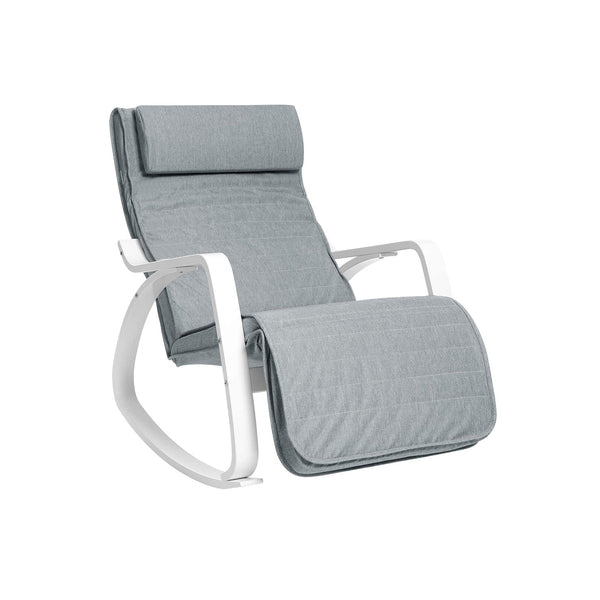 Schommelstoel - Relaxstoel - Met berkenhouten armleuningen -  Verstelbare voetsteun - Grijs - Witte armleuningen