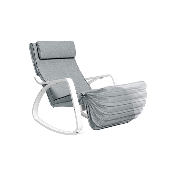 Schommelstoel - Relaxstoel - Met berkenhouten armleuningen -  Verstelbare voetsteun - Grijs - Witte armleuningen