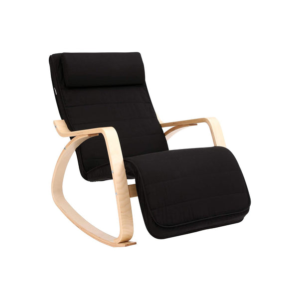 Schommelstoel - Relaxstoel - Met berkenhouten armleuningen -  Verstelbare voetsteun - Zwart