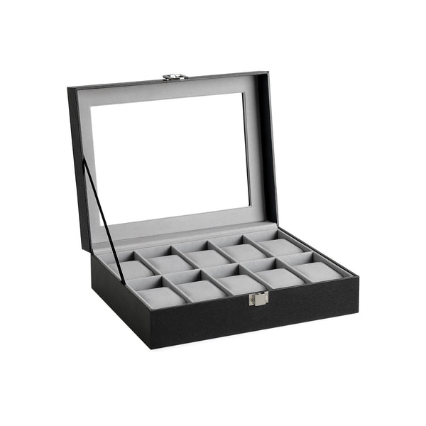 Horlogebox - Horlogekist - Met 10 vakken - Met glazen deksel - Zwart, grijs