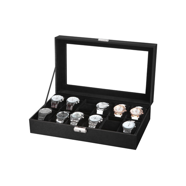Horlogebox - Voor 12 horloges - Horlogedoos - Horlogekast - Glazendeksel - Zwart