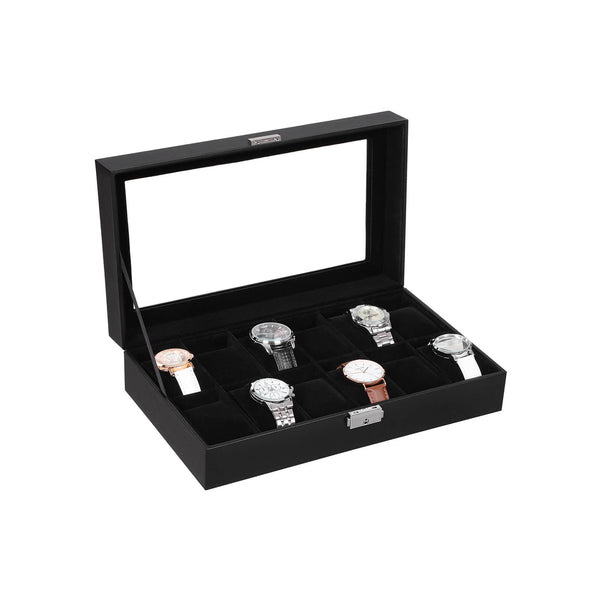 Horlogebox - Voor 12 horloges - Horlogedoos - Horlogekast - Glazendeksel - Zwart