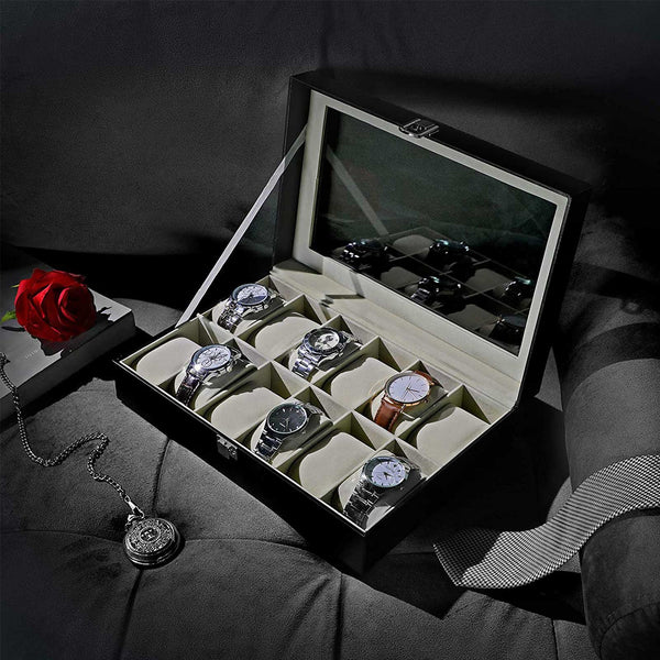 Horlogedoos - Horlogebox - Horlogekast -  Met 12 vakken - Met glazen deksel - Zwart