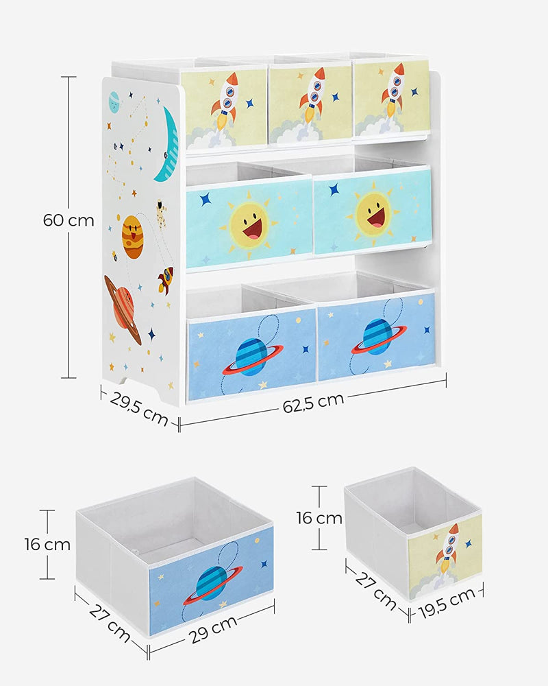 Nursery Rack - Toy Cabinet - med 7 förvaringslådor med tyger - White