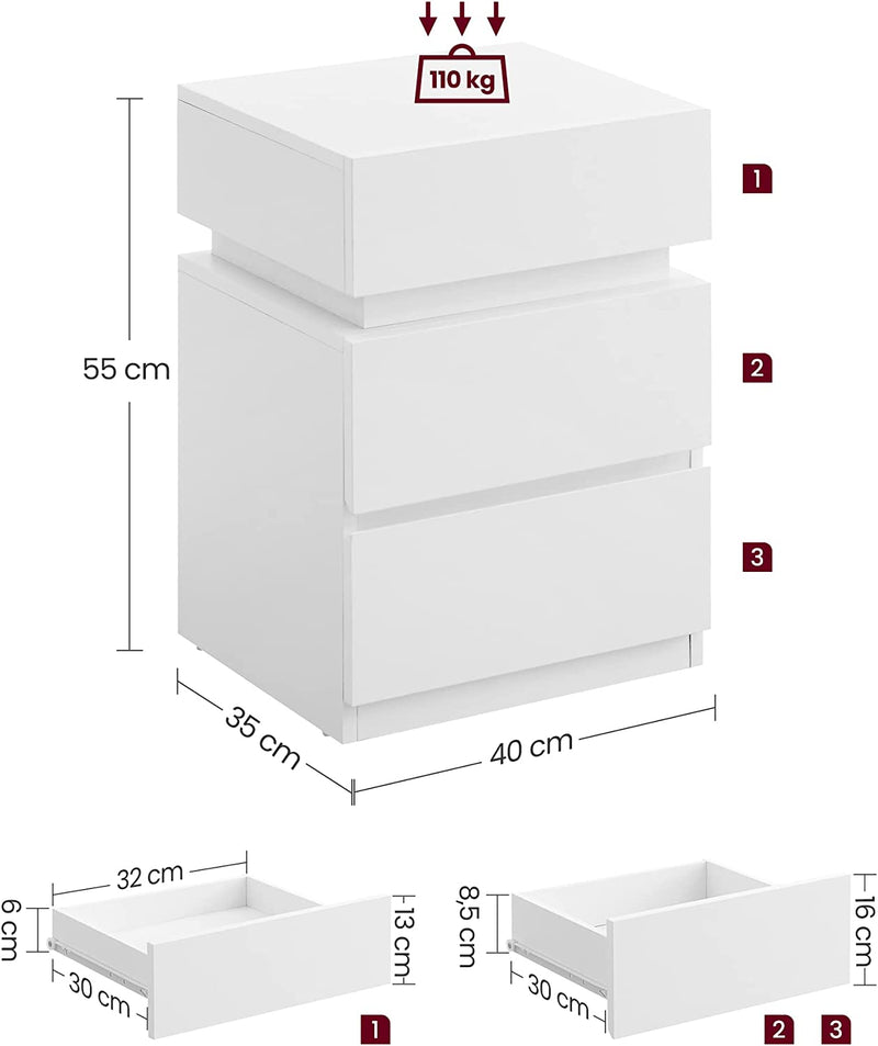 Table de chevet - table d'appoint - avec éclairage LED - couleurs réglables - avec 3 tiroirs - blanc