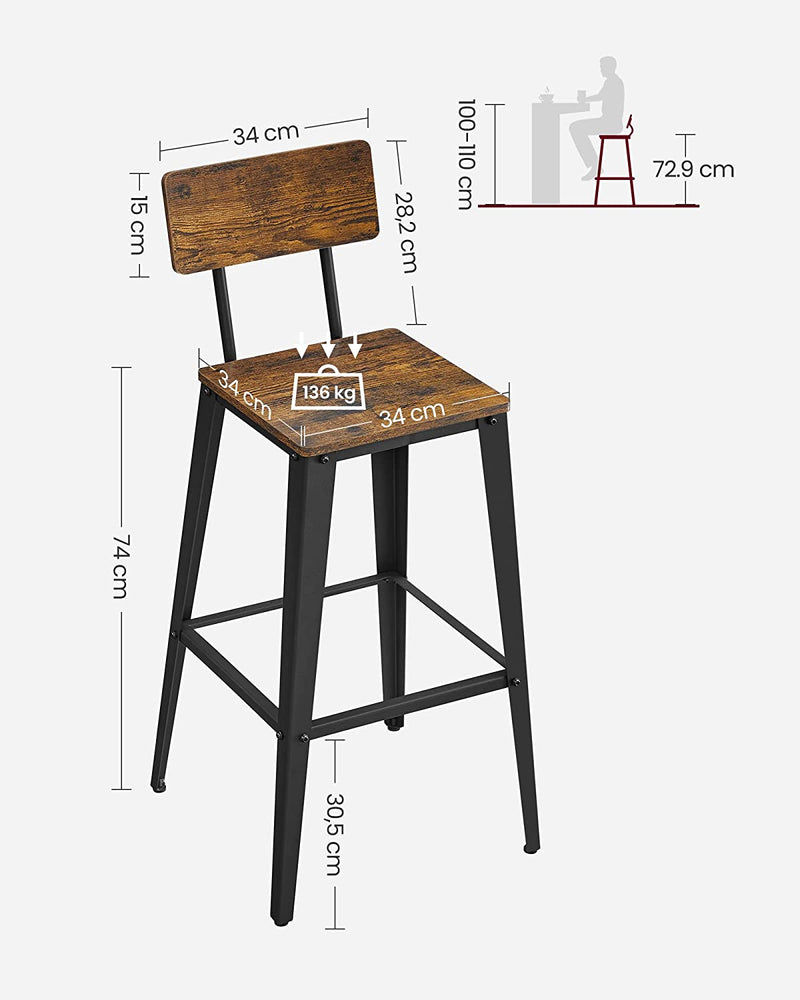 Tabouret de bar - chaises de bar - chaises de cuisine - ensemble de 2 - avec dossier - cadre en acier - noir marron