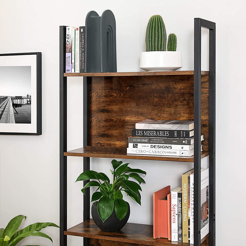 Rack de livres - armoire de salon - planches en bois - cadre en métal - marron