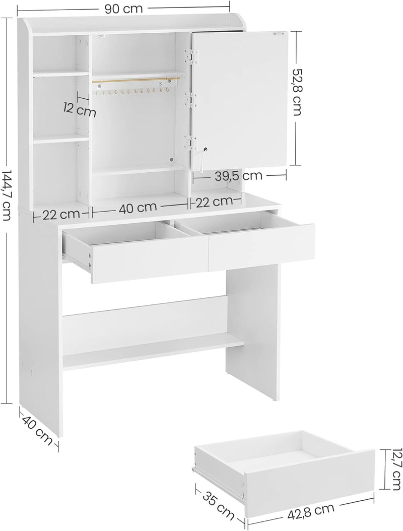 Kaptafel - Make-up tafel - Met LED verlichting en spiegel - 2 Lades - Van hout - Wit