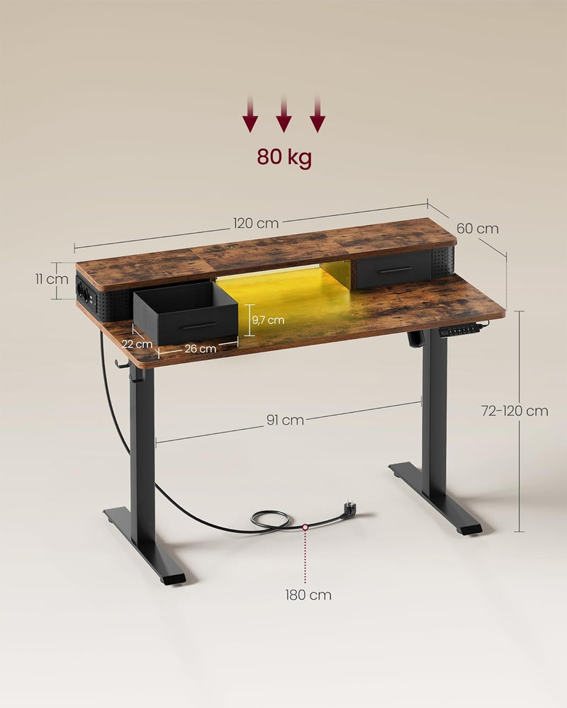 Skrivbord - Elektrisk skrivbord - Höjd justerbar - med uttag och 2 lådor - 60x120cm - Brown