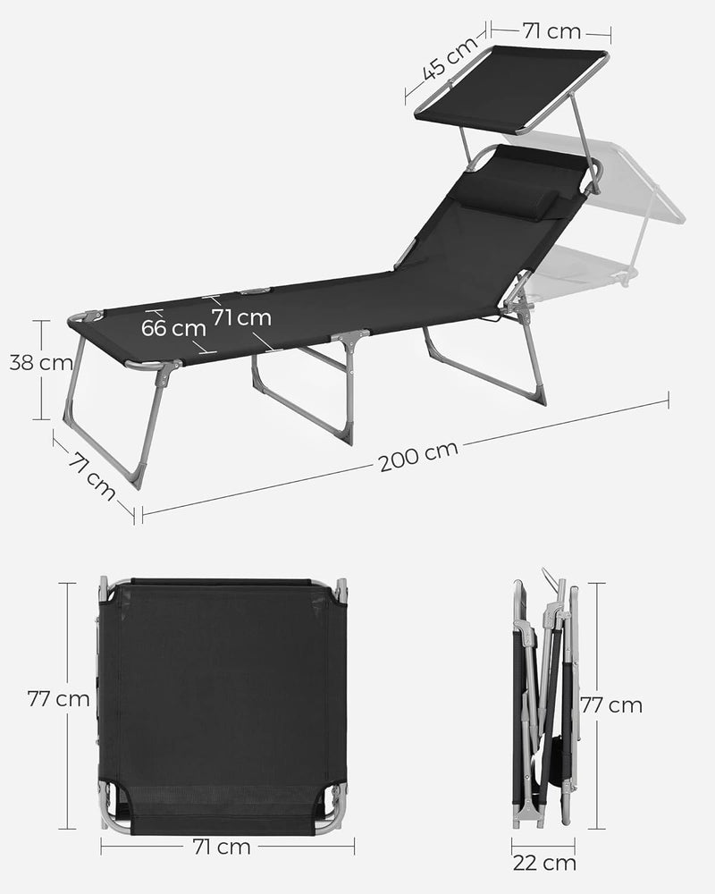 Ligstoel - Strandbed - Extra groot - Met zonnescherm - 200 x 71 x 38 cm - Zwart