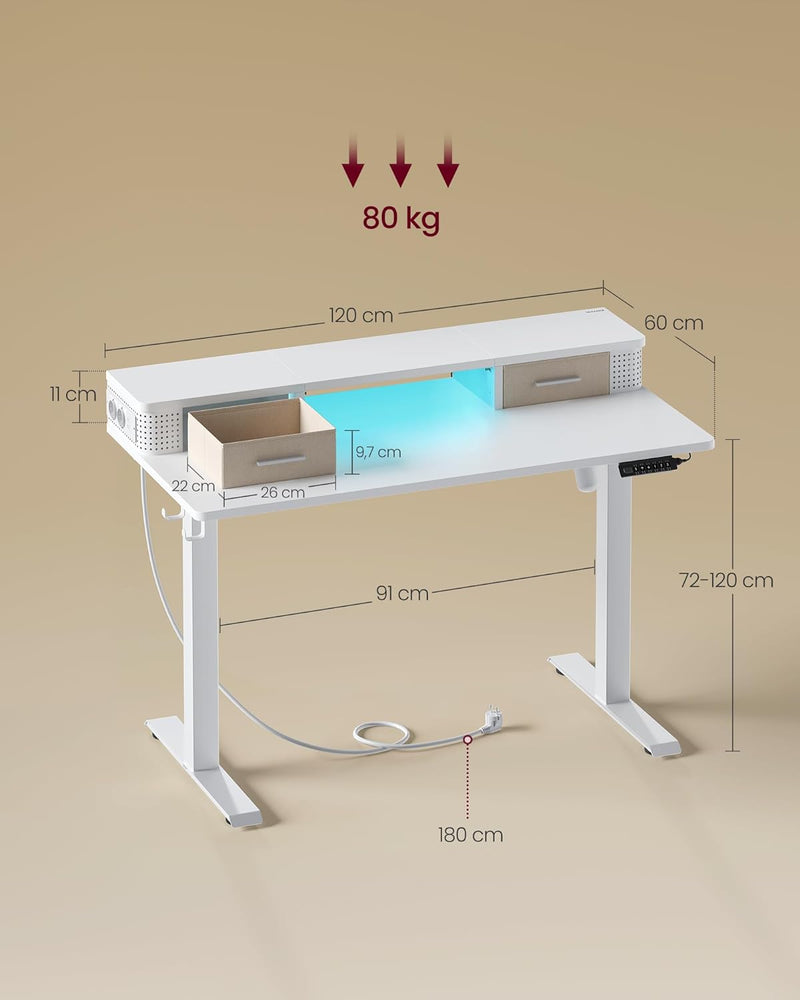 Bureau - Elektrisch bureau - In hoogte verstelbaar - Met stopcontact en 2 lades - 60x120cm - Wit