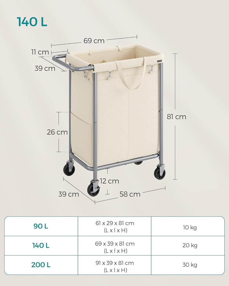 Tvättkorg - med 2 fack - 140 liter - med handtag och hjul - beige