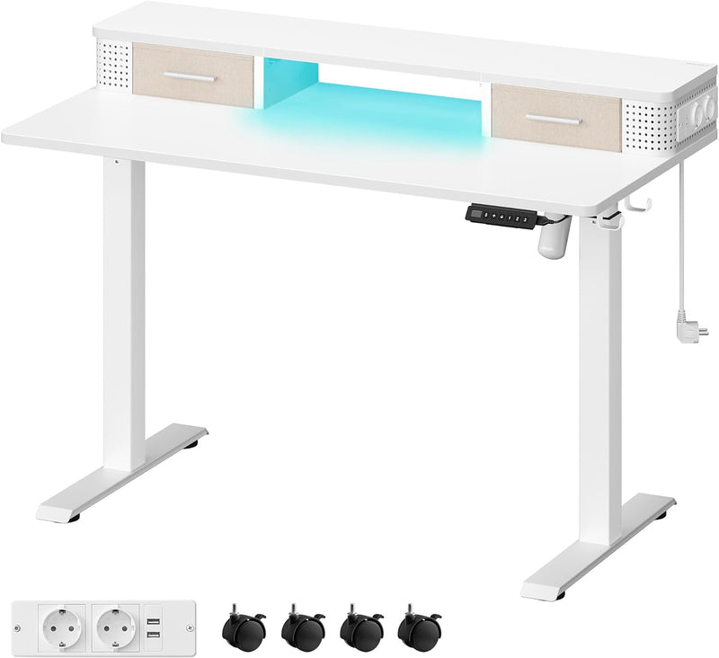 Desk - Electric Desk - Højdejusterbar - med stikkontakt og 2 skuffer - 60x120cm - Hvid