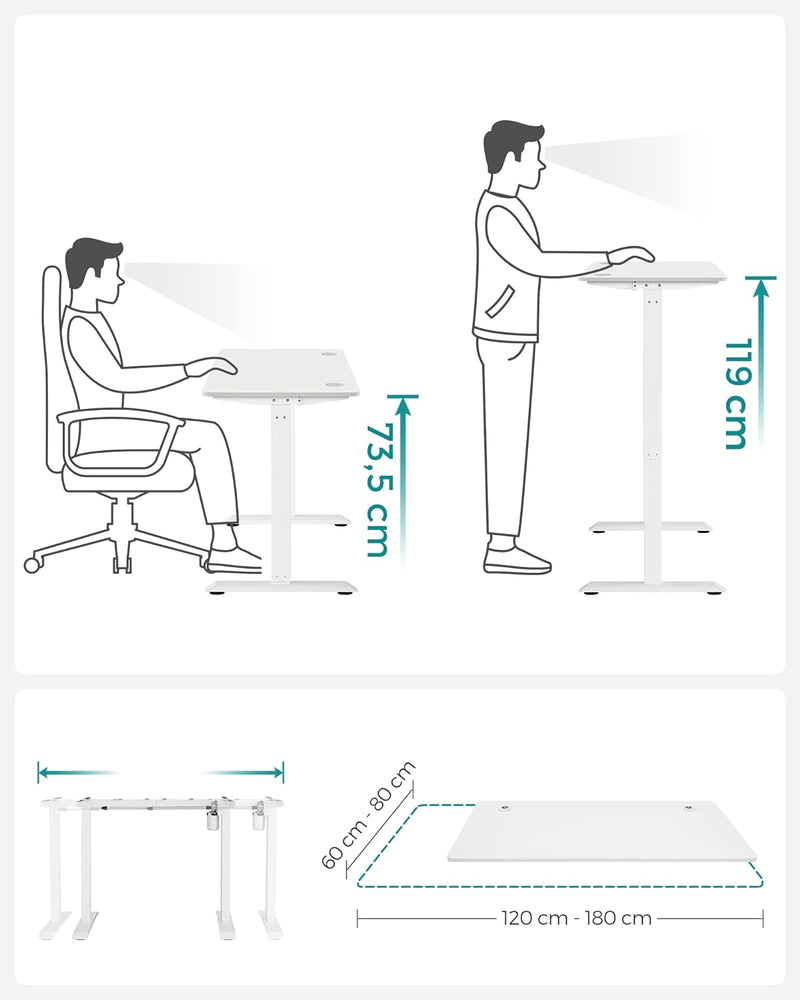 Sit Stand Desk - Computer Table - Höjd justerbar - med hjul - White