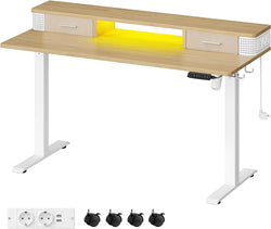 Desk - Elektrisk skrivebord - Højdejusterbar - med stikkontakt og 2 skuffer - 60x140 cm - lysebrun