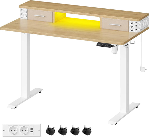 Desk - Elektrisk skrivebord - Højdejusterbar - med stikkontakt og 2 skuffer - 60x120 cm - lysebrun