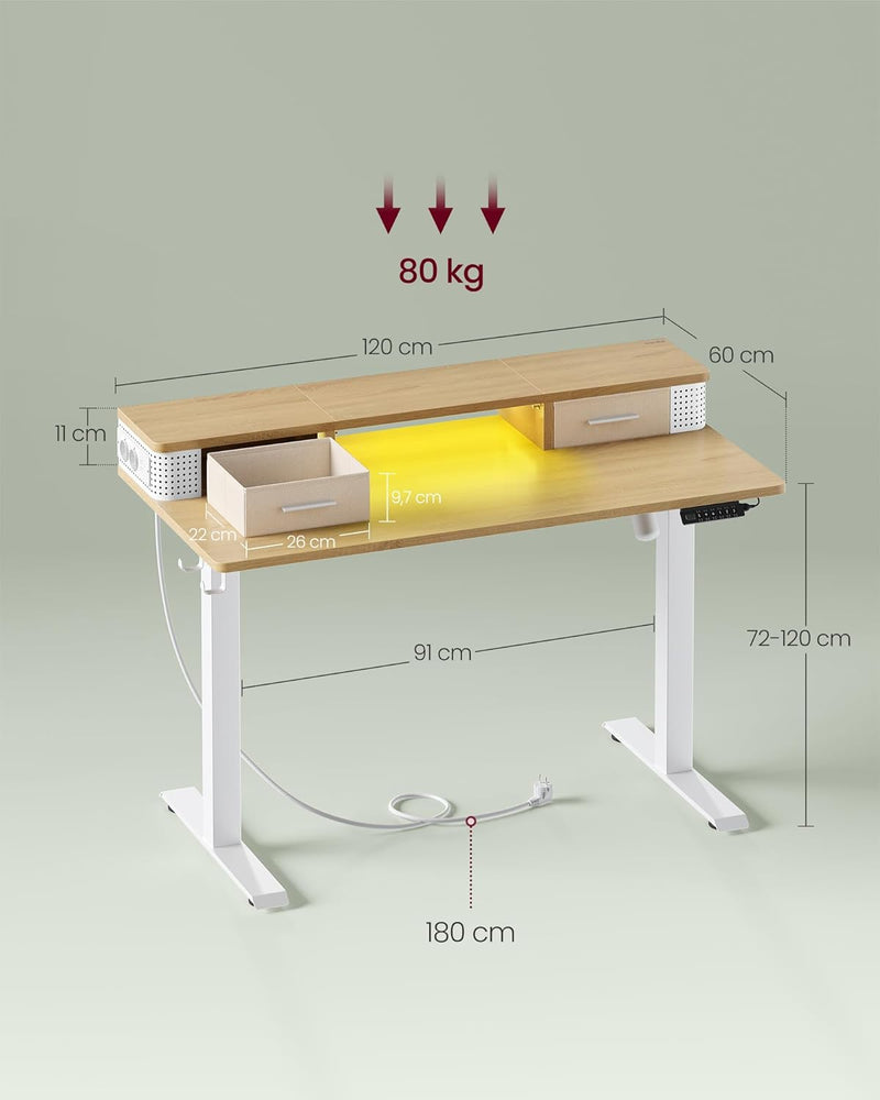 Desk - Elektrisk skrivebord - Højdejusterbar - med stikkontakt og 2 skuffer - 60x120 cm - lysebrun