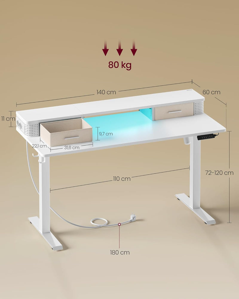 Skrivbord - Elektrisk skrivbord - Höjd justerbar - med uttag och 2 lådor - 60x140cm - vitt