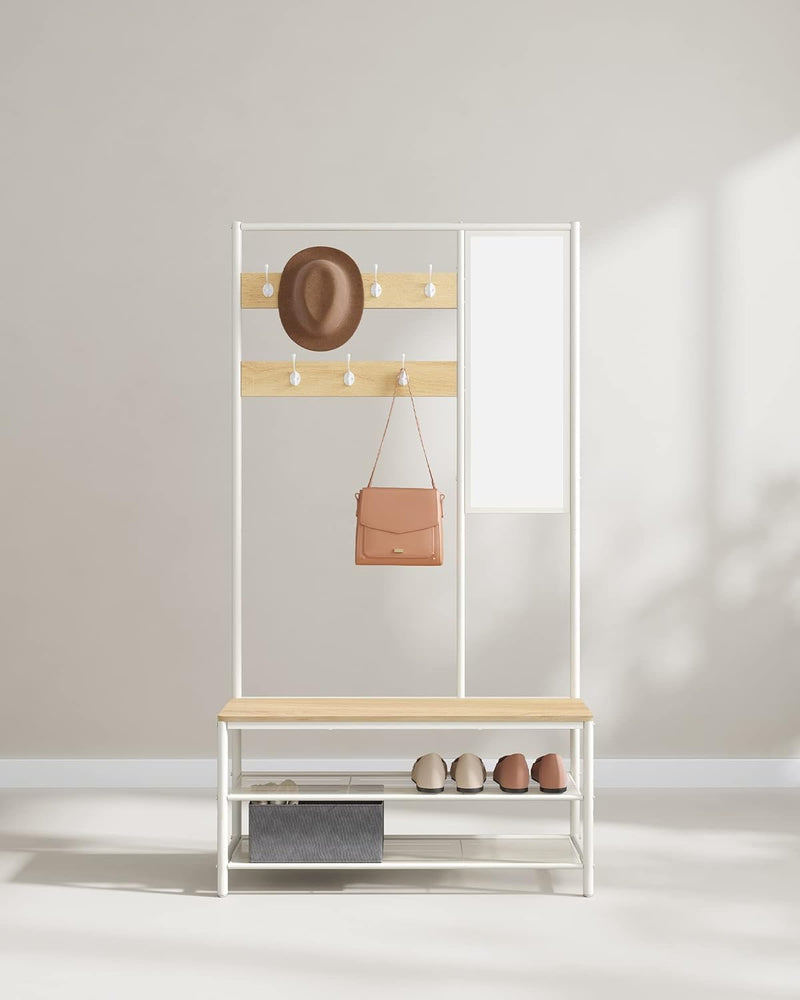 Armoire de garde-robe - Rack-couloir - avec banc et miroir - 2 planches - marron blanc