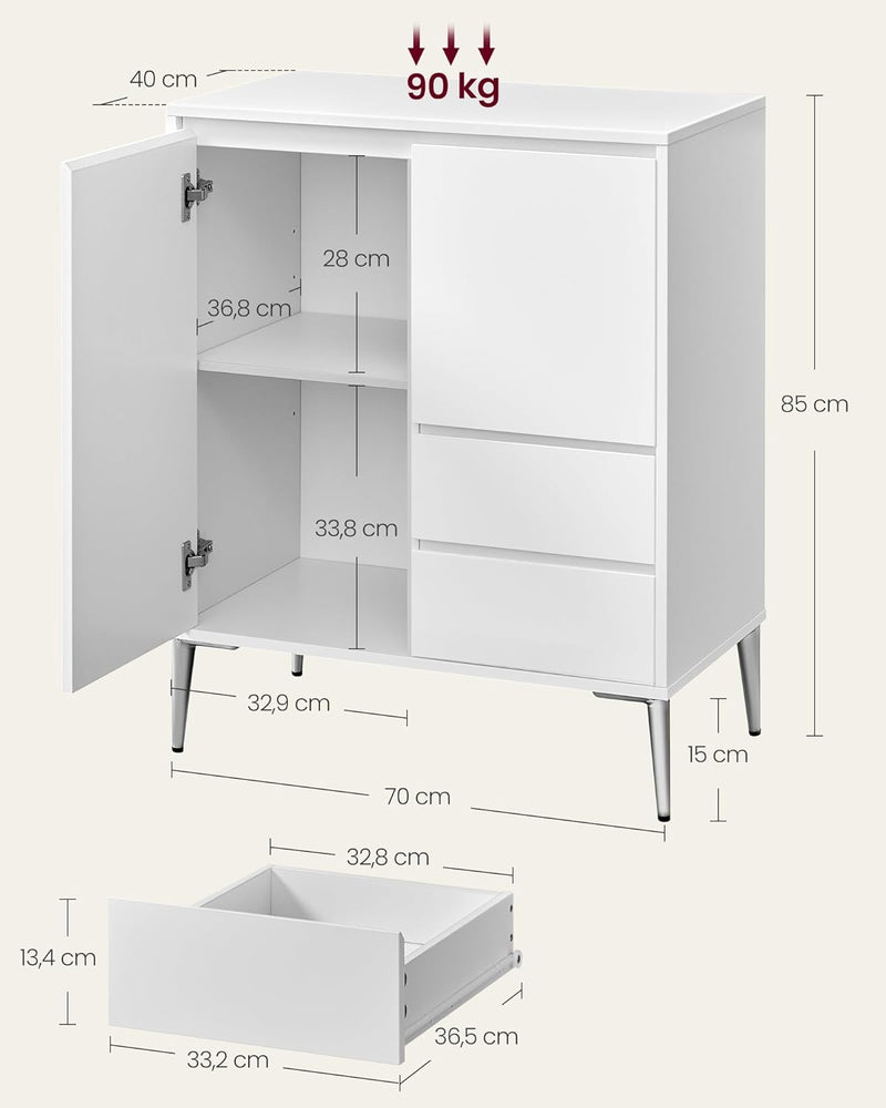 Opbevaringsskab - kommode - med 2 døre og 2 skuffer - 40 x 70 x 85 cm - Hvid