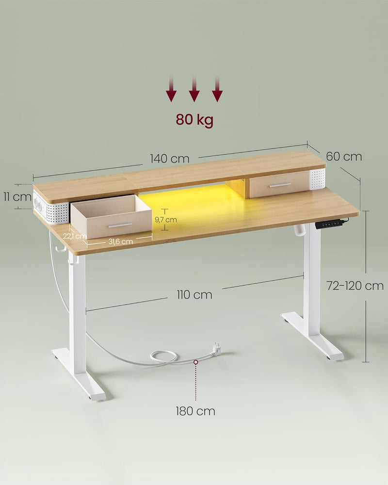 Bureau - Elektrisch bureau - In hoogte verstelbaar - Met stopcontact en 2 lades - 60x140cm - Licht Bruin