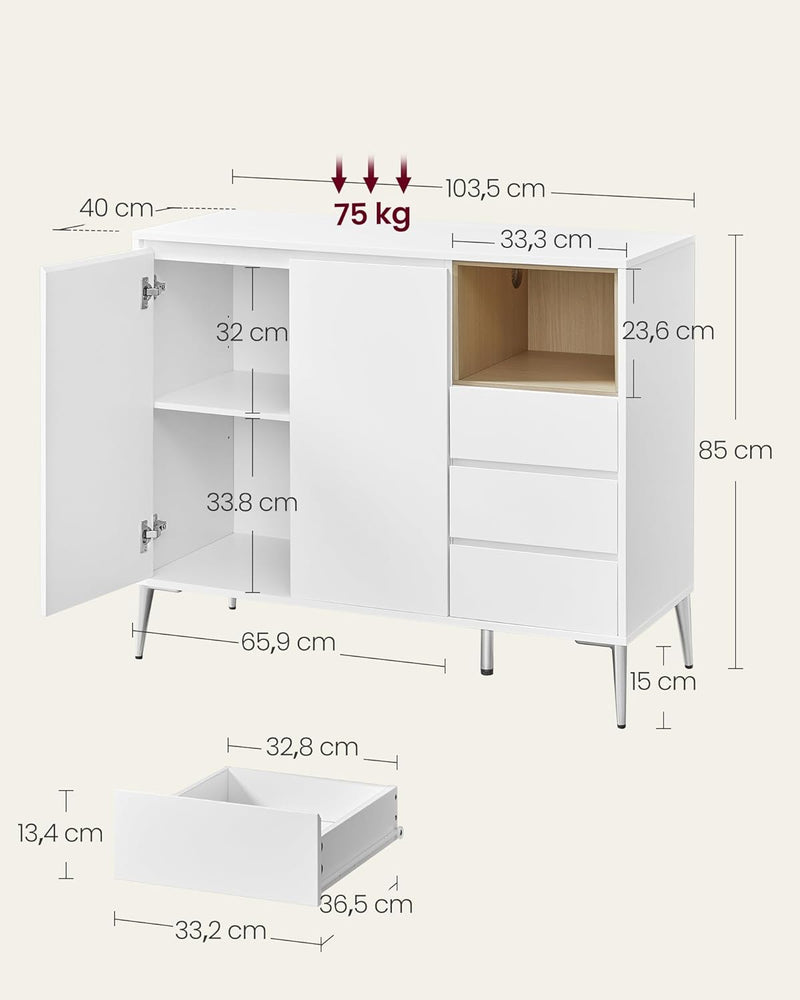 Opbergkast - Dressoir - Met openslaande deuren en 3 lades - Modern - Wit