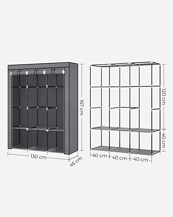 Armoire - étui en tissu - 2 sections suspendues - avec étagères - gris