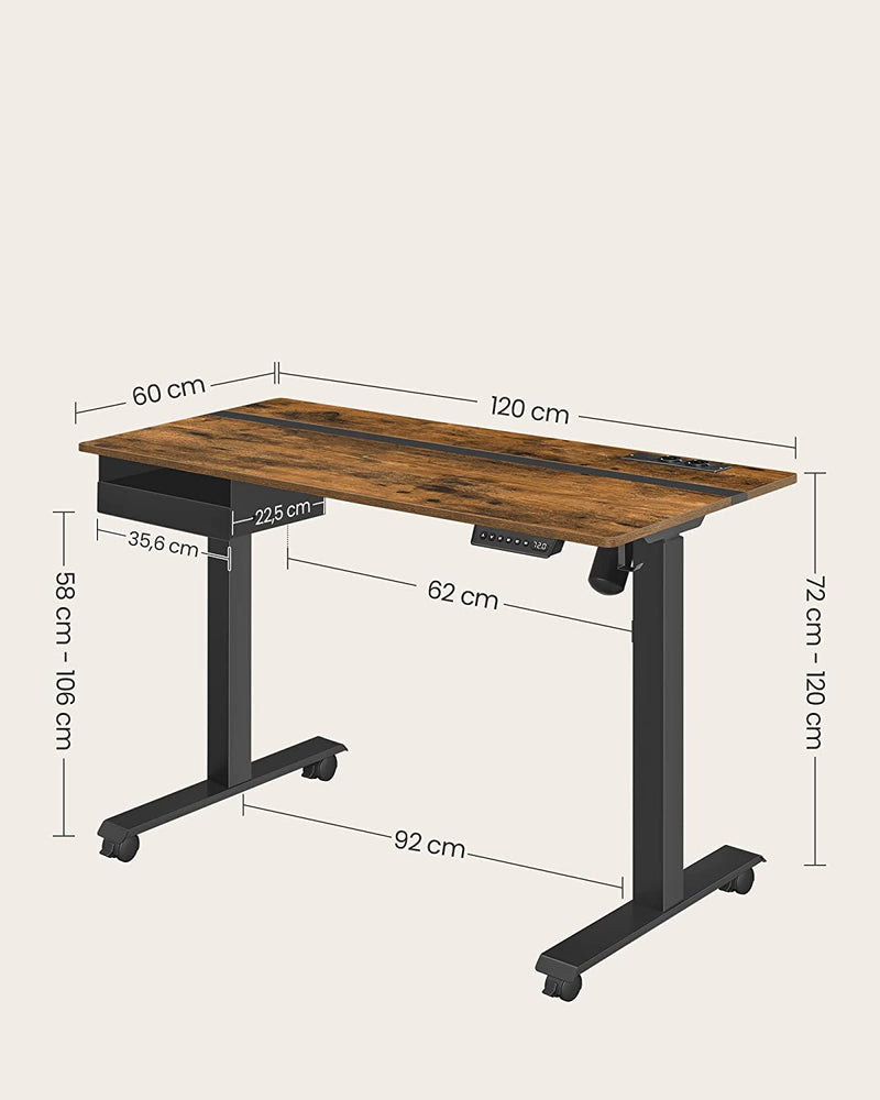 Elektrisk skrivebord - Højdejusterbar - hukommelsesfunktion med 4 højder - med stikkontakt - sort - 60 x 120 cm