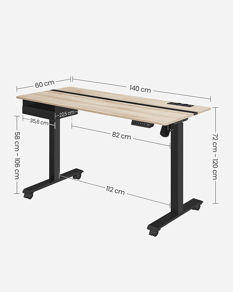 Bureau électrique - Réglable de hauteur - Fonction de mémoire avec 4 hauteurs - Blanc Black - 60 x 140 cm