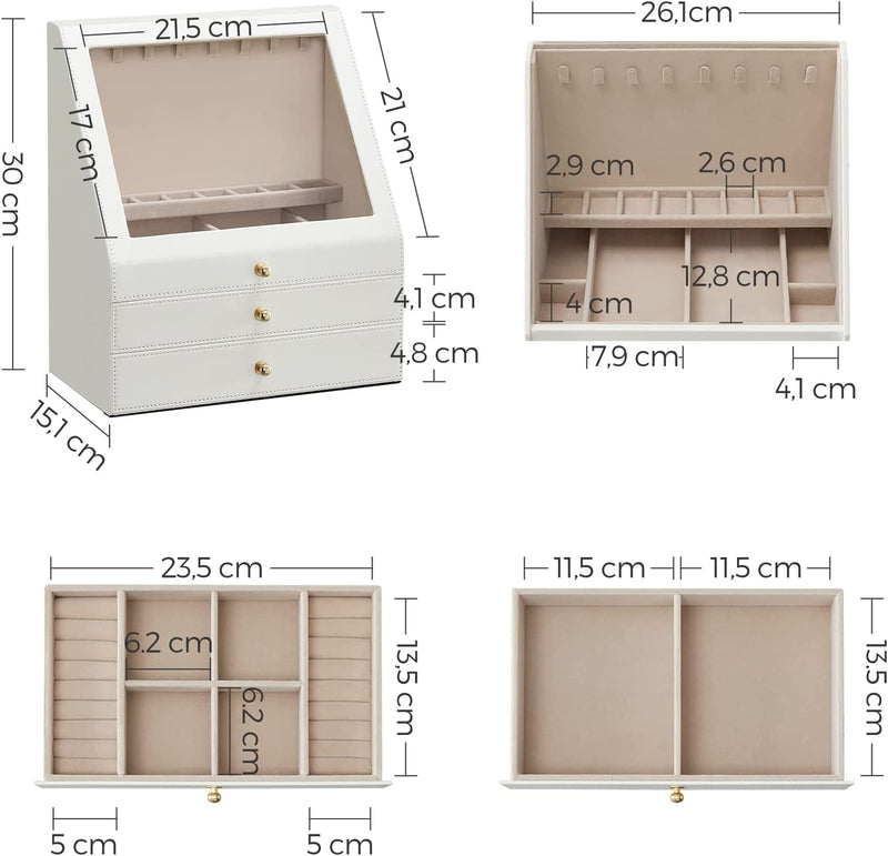 Boîte à bijoux - avec 3 niveaux - fenêtre en verre en pente - 2 tiroirs - boîte de rangement pour bijoux - moderne - blanc