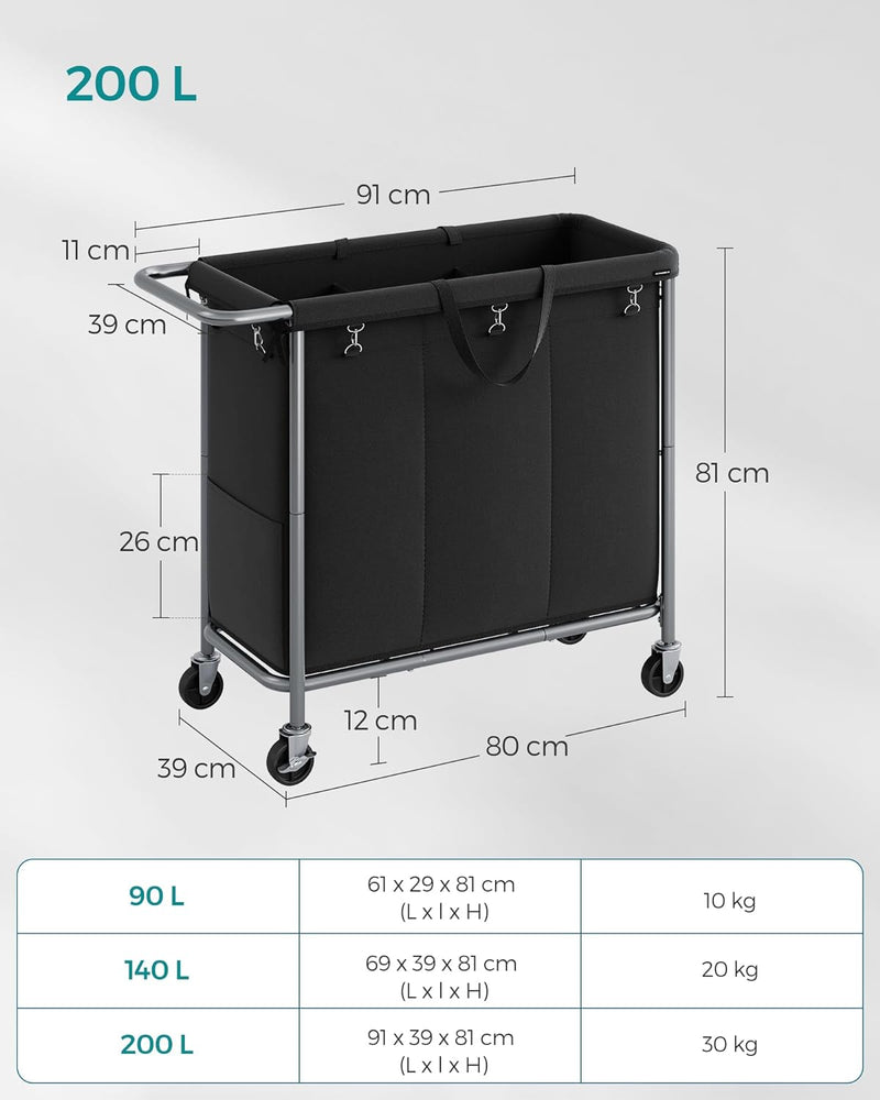 Wasmand - Was sorteerder - Op wielen - 3 vakken - 200L - Stalenframe - Zwart