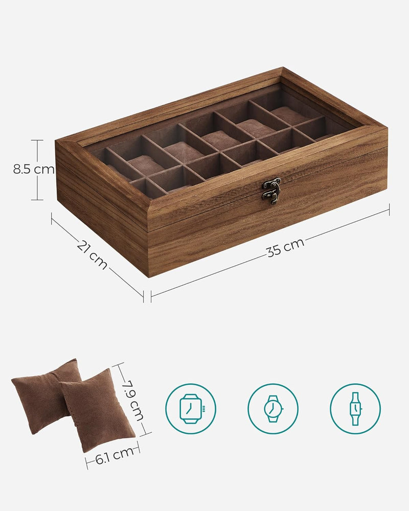 Watchbox - Watch Box - 12 Fack - Glass Lid - Wood - Brown