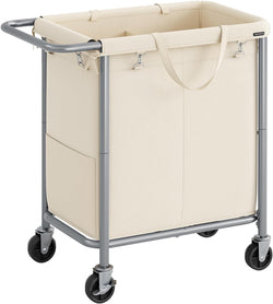 Tvättkorg - med 2 fack - 140 liter - med handtag och hjul - beige