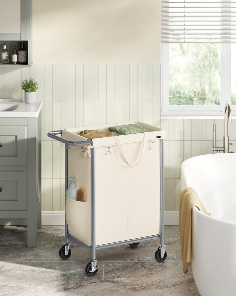 Wasmand - Met 2 vakken - 140 liter - Met handvat en wielen - Beige