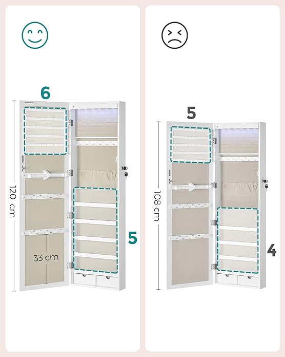 Hangende sieradenkast - Juwelenkast - Voor wandmontage - Met led verlichting - Wit