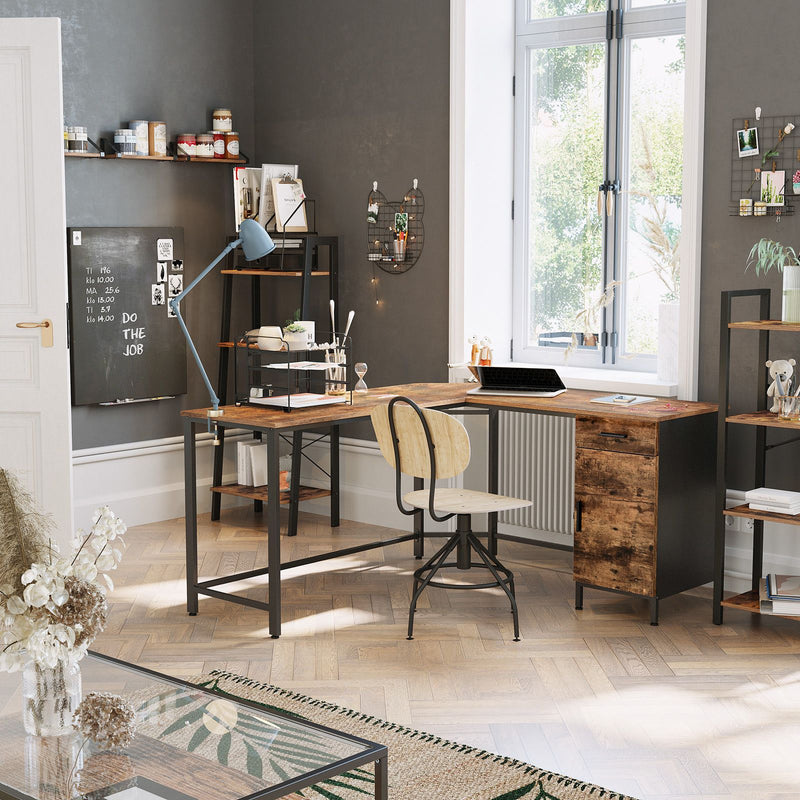 Bureau - Corner Office - Avec armoire - cadre en acier et lame en bois - marron